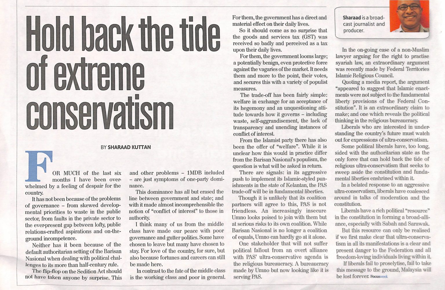 Conservative Article Example Hold back the tide of extreme conservatism - Sharaad Kuttan